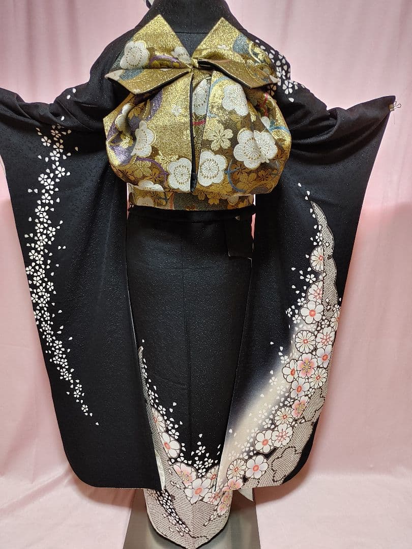 大人可愛い♥️振袖　袋帯　帯揚げ　帯締め　黒ラメ　白