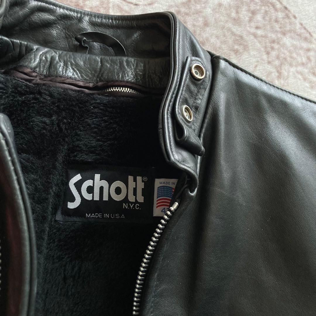 Schott ブラック レザー シングルライダースジャケット 42