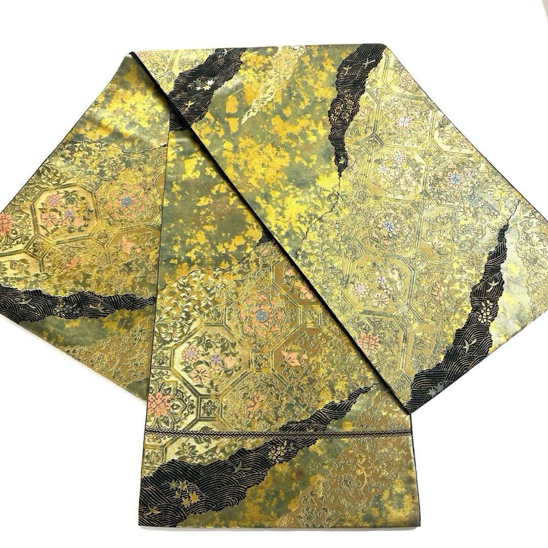 帯4896 ●服部織物謹製 こはく錦 手工芸 高級 正絹 六通 袋帯