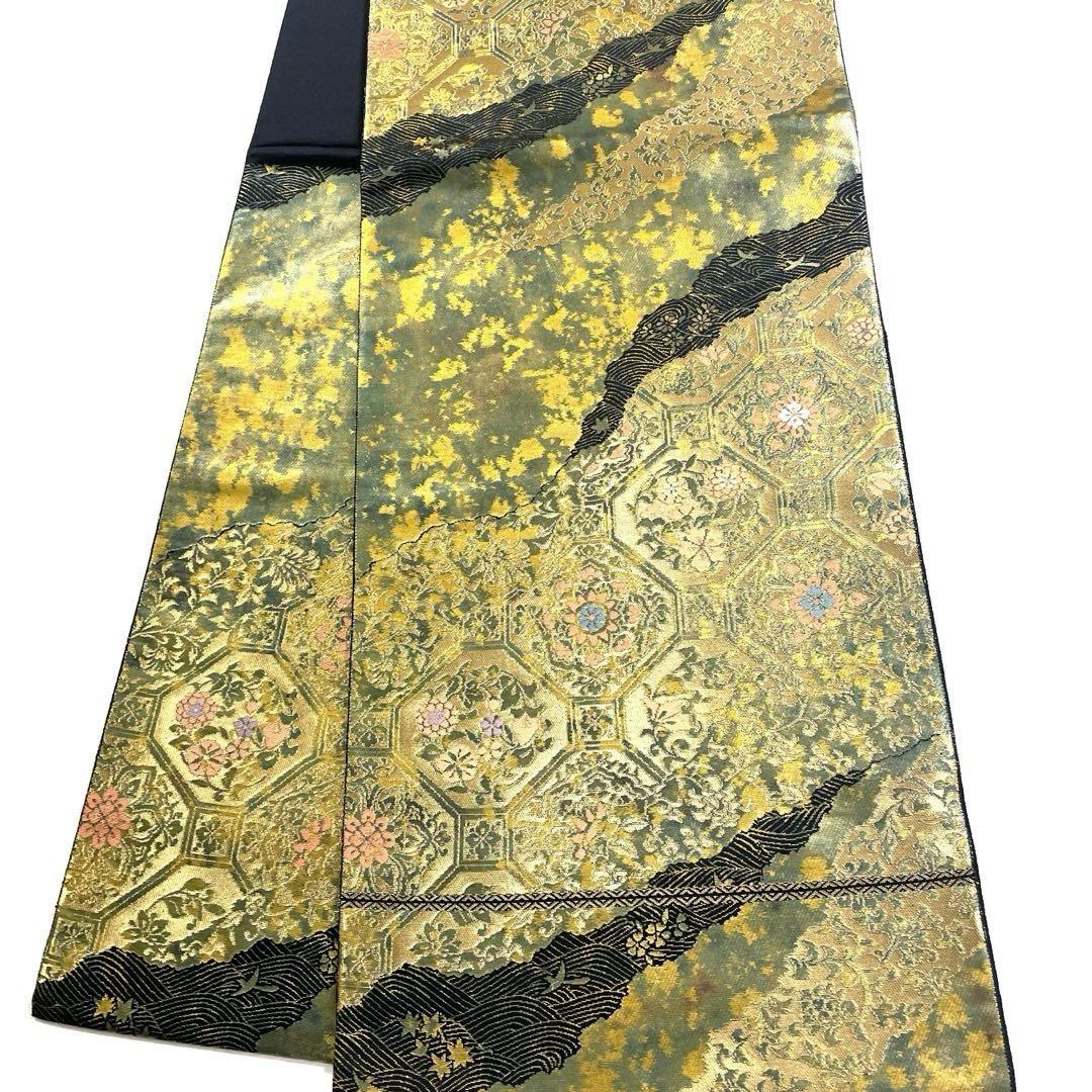 帯4896 ●服部織物謹製 こはく錦 手工芸 高級 正絹 六通 袋帯