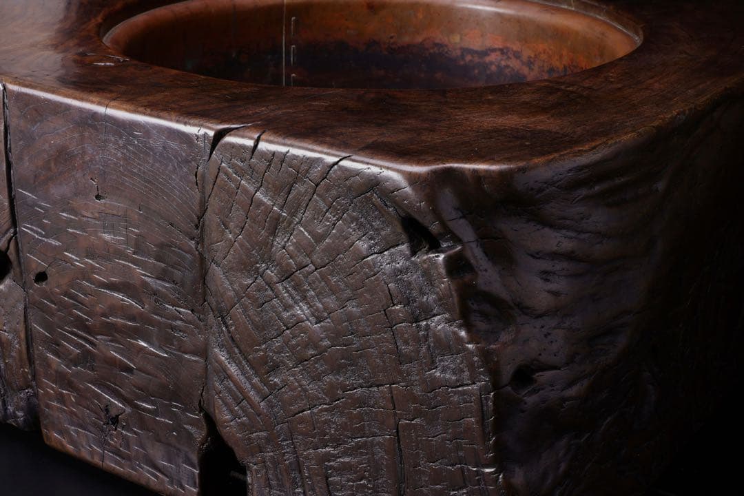 時代物 天然木 刳貫 火鉢 瓶掛 特大 幅62㎝ 銘木 木製火鉢 囲炉裏 茶道具