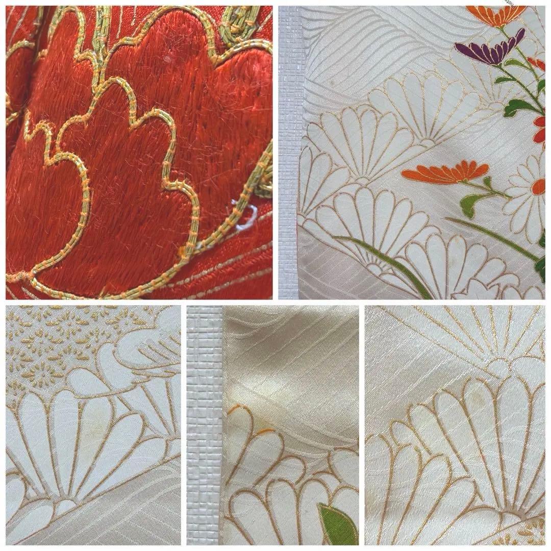 6 振袖フルセット 正絹 オフホワイト 橙 金彩 駒刺繍 刺繍 レトロ 古典