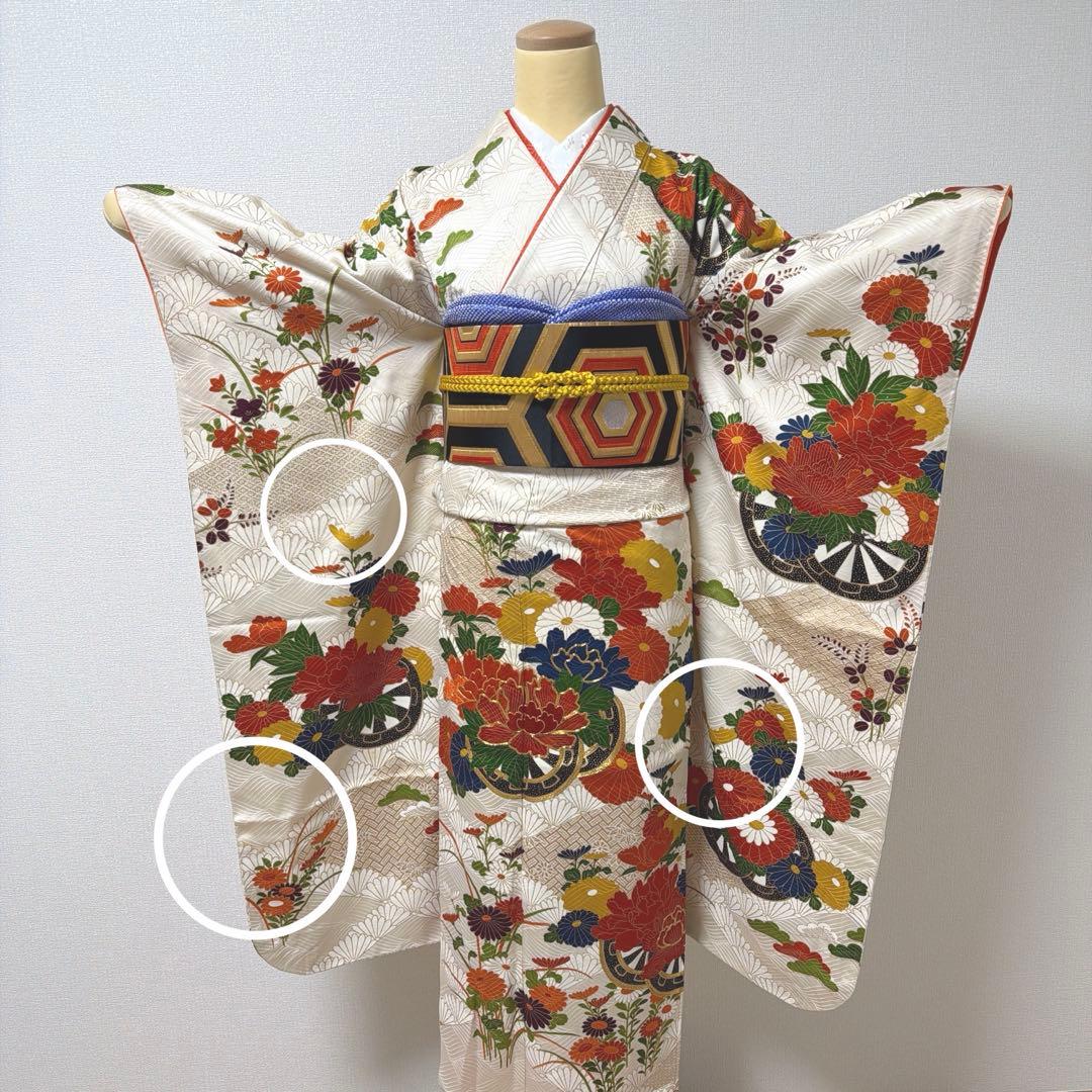 6 振袖フルセット 正絹 オフホワイト 橙 金彩 駒刺繍 刺繍 レトロ 古典