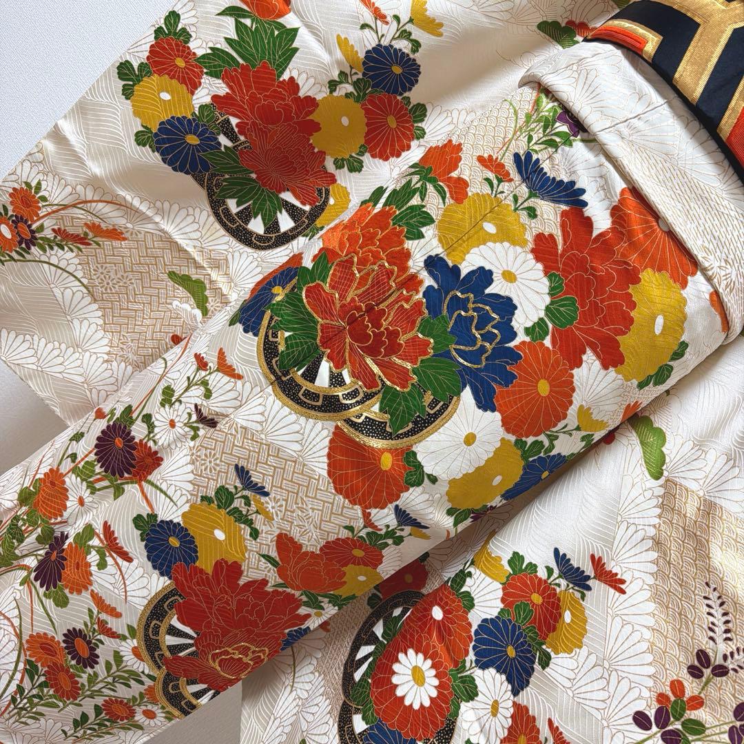 6 振袖フルセット 正絹 オフホワイト 橙 金彩 駒刺繍 刺繍 レトロ 古典