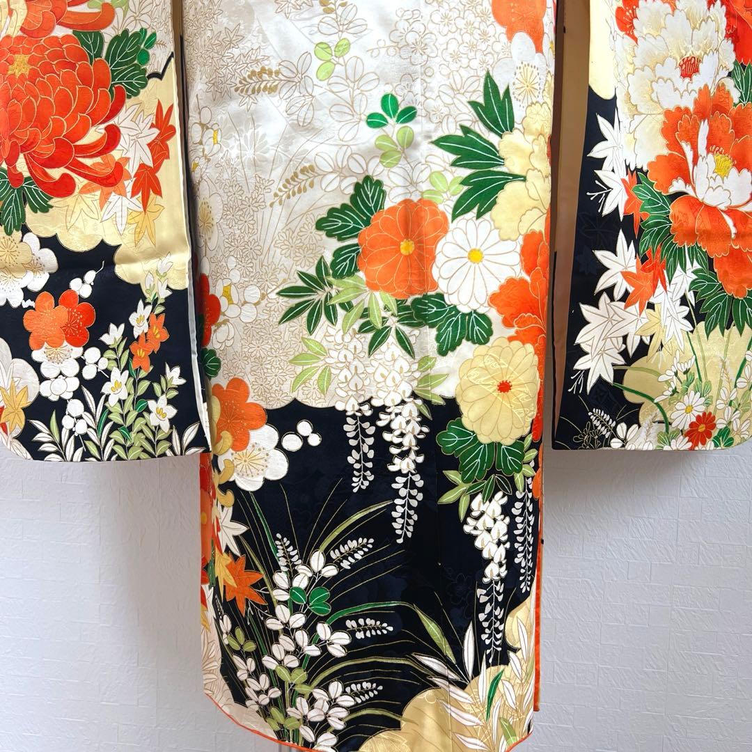 445 振袖フルセット 正絹 クリーム 橙 黒 金彩 駒刺繍 豪華 レトロ 古典