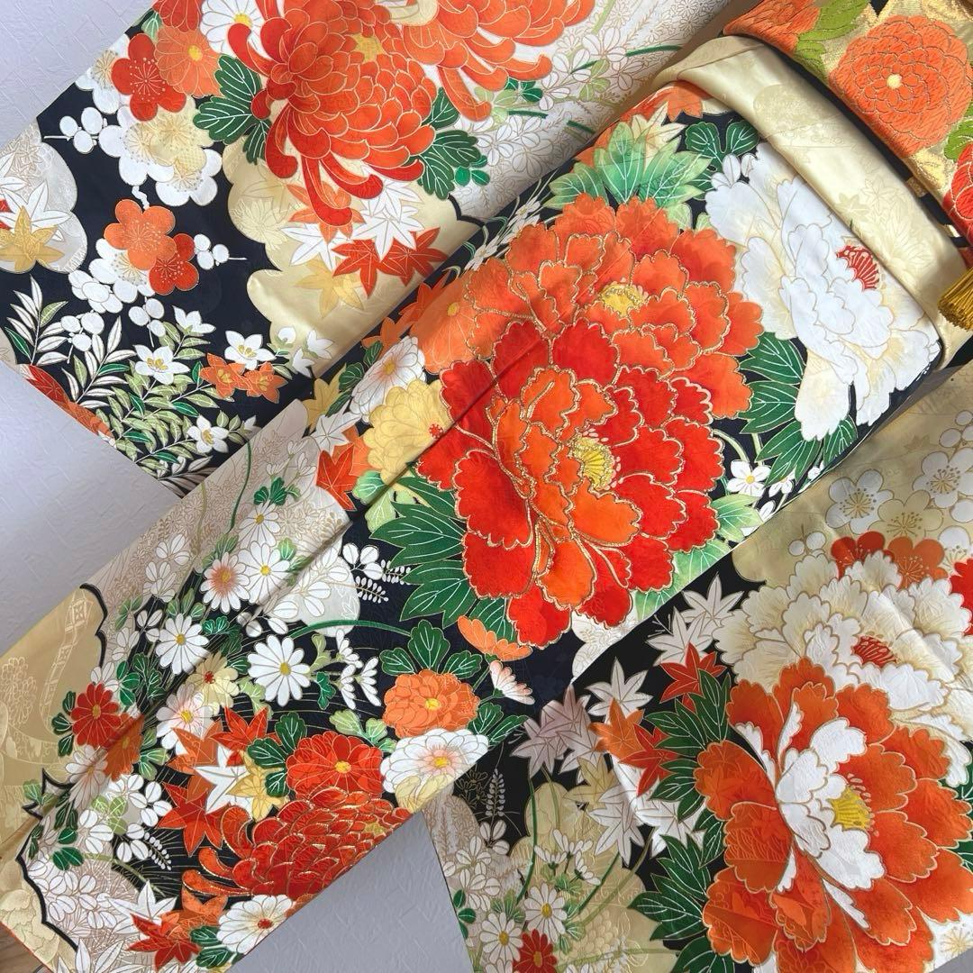 445 振袖フルセット 正絹 クリーム 橙 黒 金彩 駒刺繍 豪華 レトロ 古典