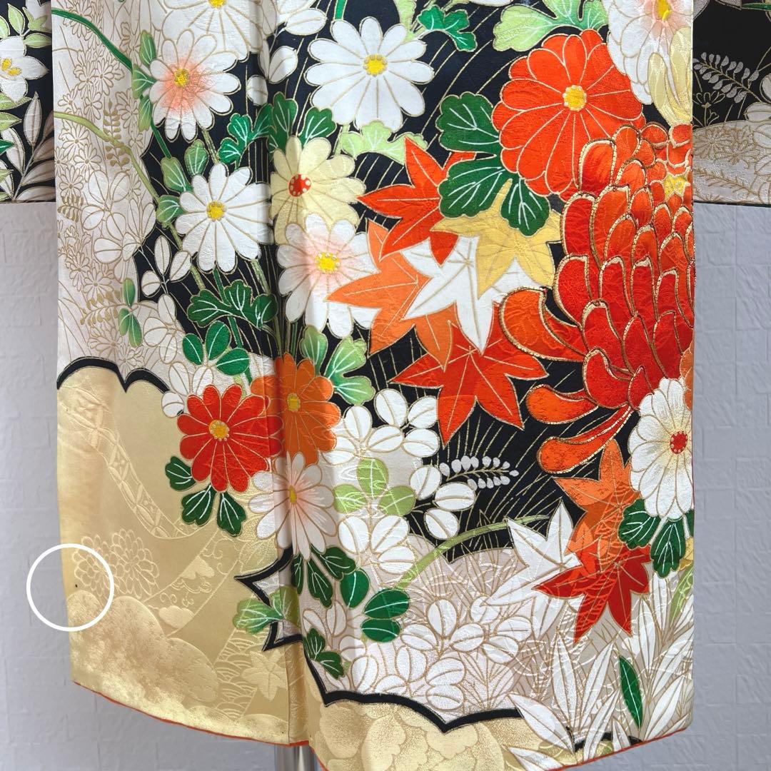 445 振袖フルセット 正絹 クリーム 橙 黒 金彩 駒刺繍 豪華 レトロ 古典