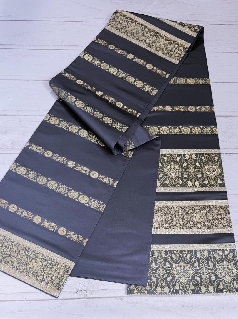 帯３箔清兵衛　草木染　正倉院間道裂織　袋帯　グレー系　未使用品　長さ４３８ｃｍ