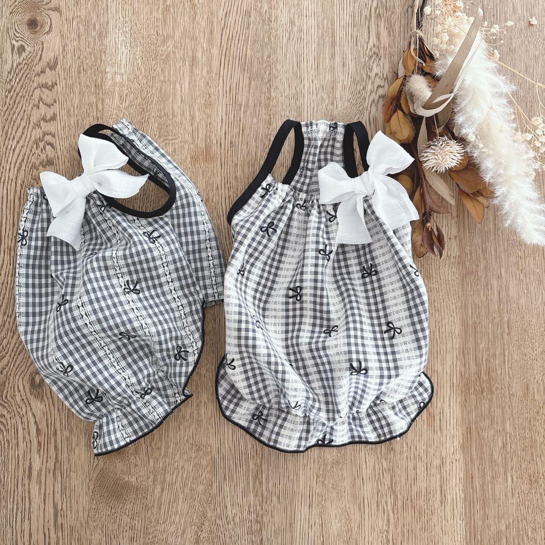 ハンドメイド　モノトーンリボンチェック柄　ドビー織り　バルーンキャミ　ワンピース