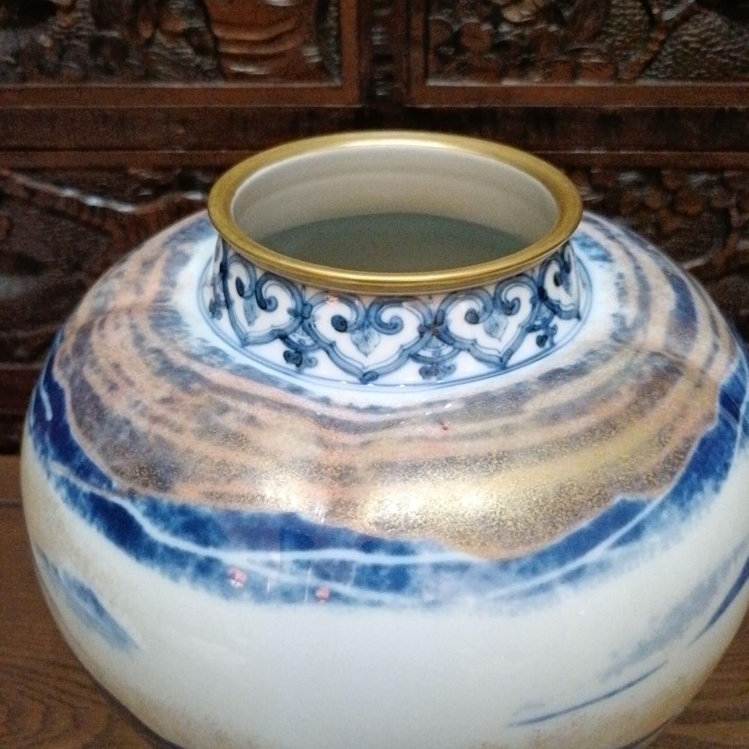 お値下げ◆藍九谷◆純金加彩手◆吉祥文花瓶◆山本長左オリジナル◆◆黎明◆◆