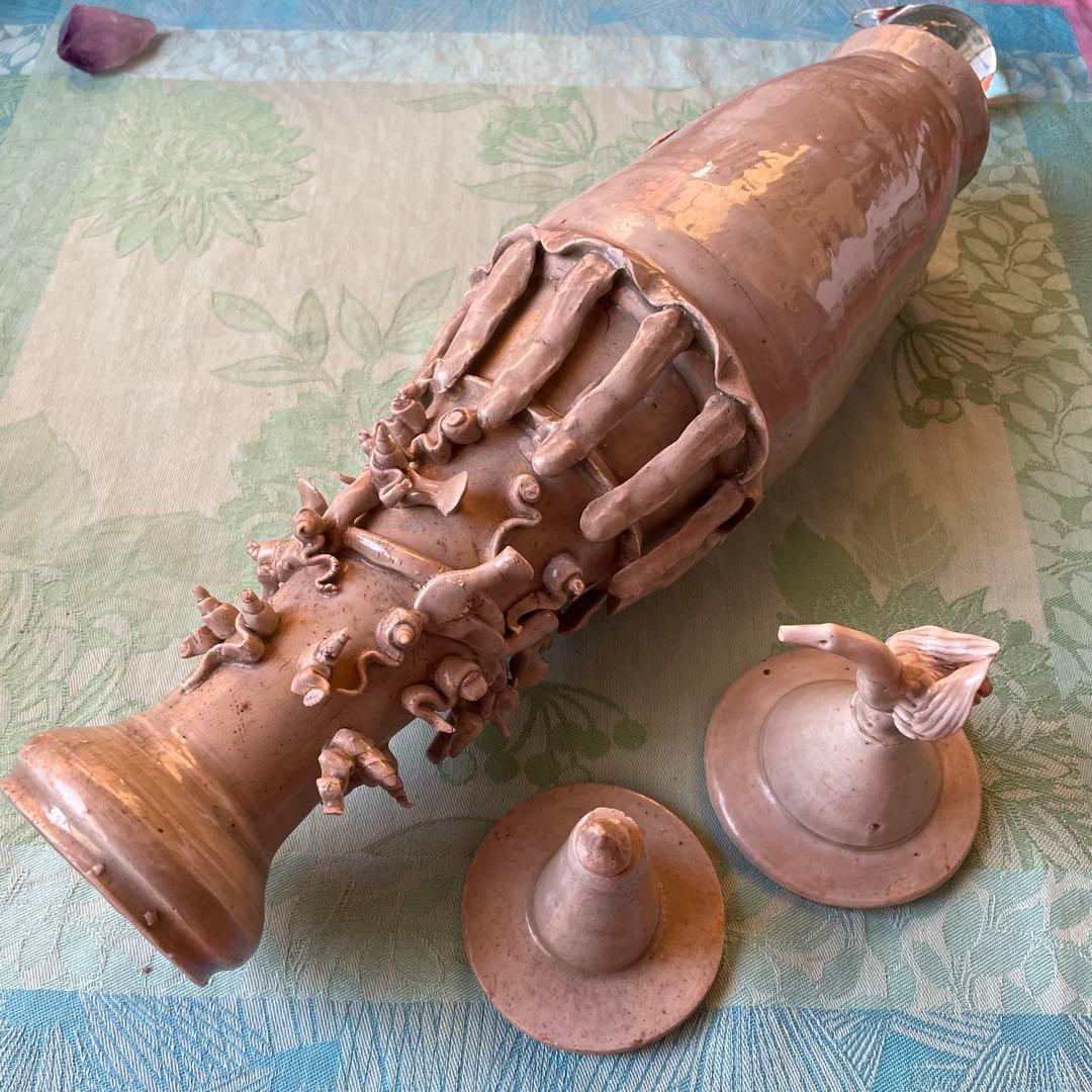 日月壺　蓋付き 白磁　発掘品　中国古阮 陶器の花瓶と鳥型