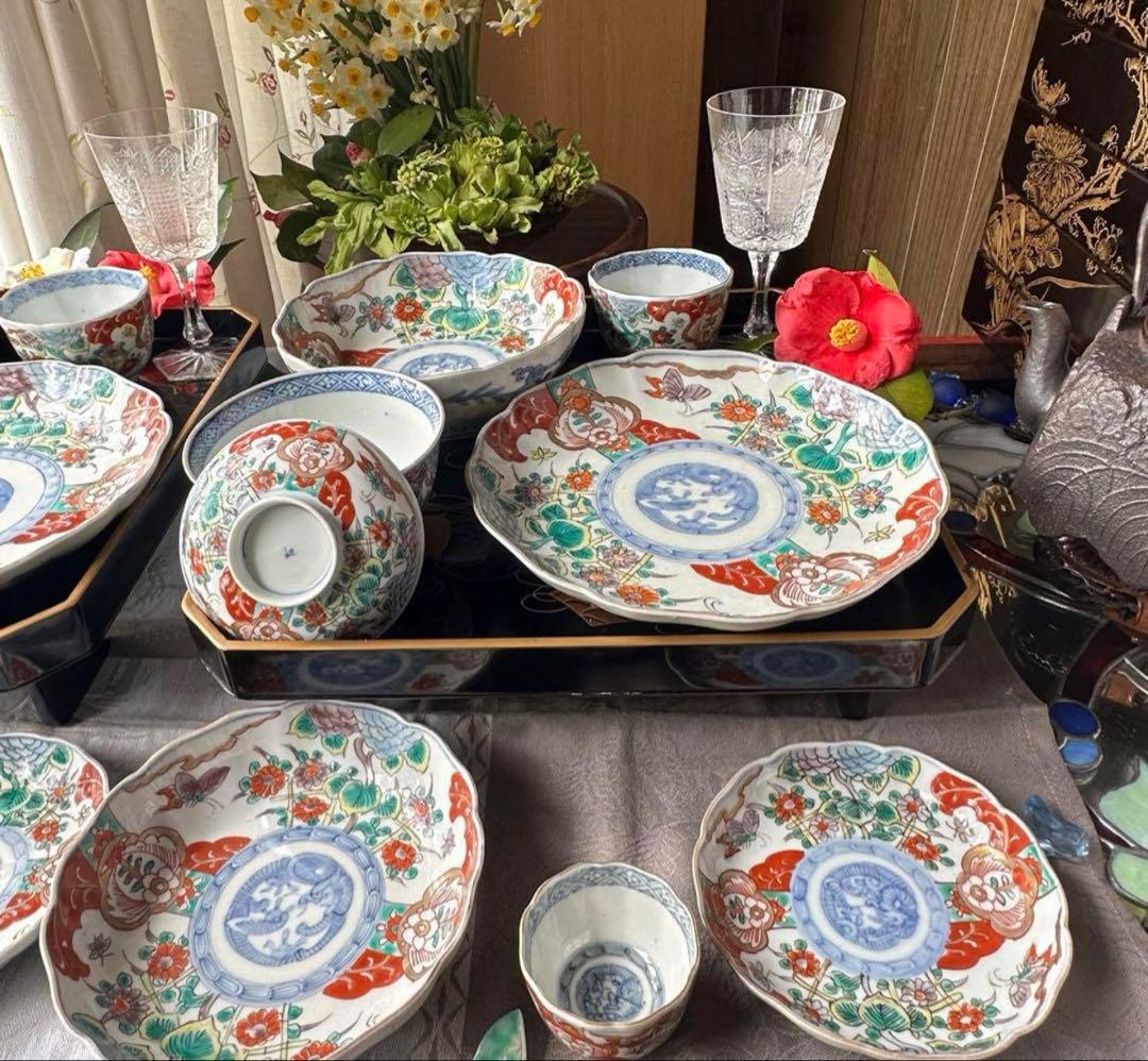 2171様感謝‼️大正頃の伊万里上手錦Dragon❌あじさい桐に蝶蜂7寸皿2客