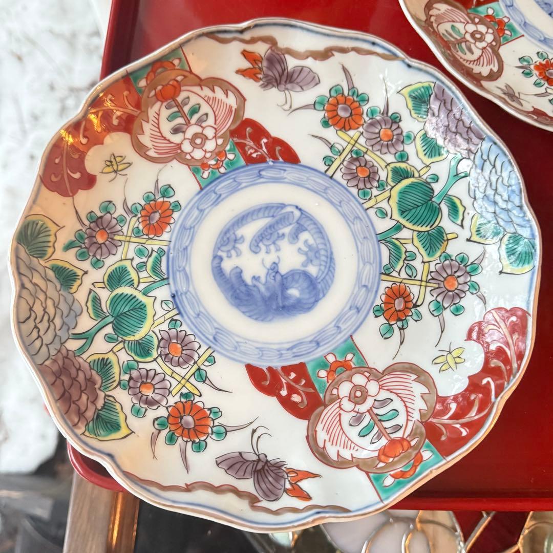2171様感謝‼️大正頃の伊万里上手錦Dragon❌あじさい桐に蝶蜂7寸皿2客