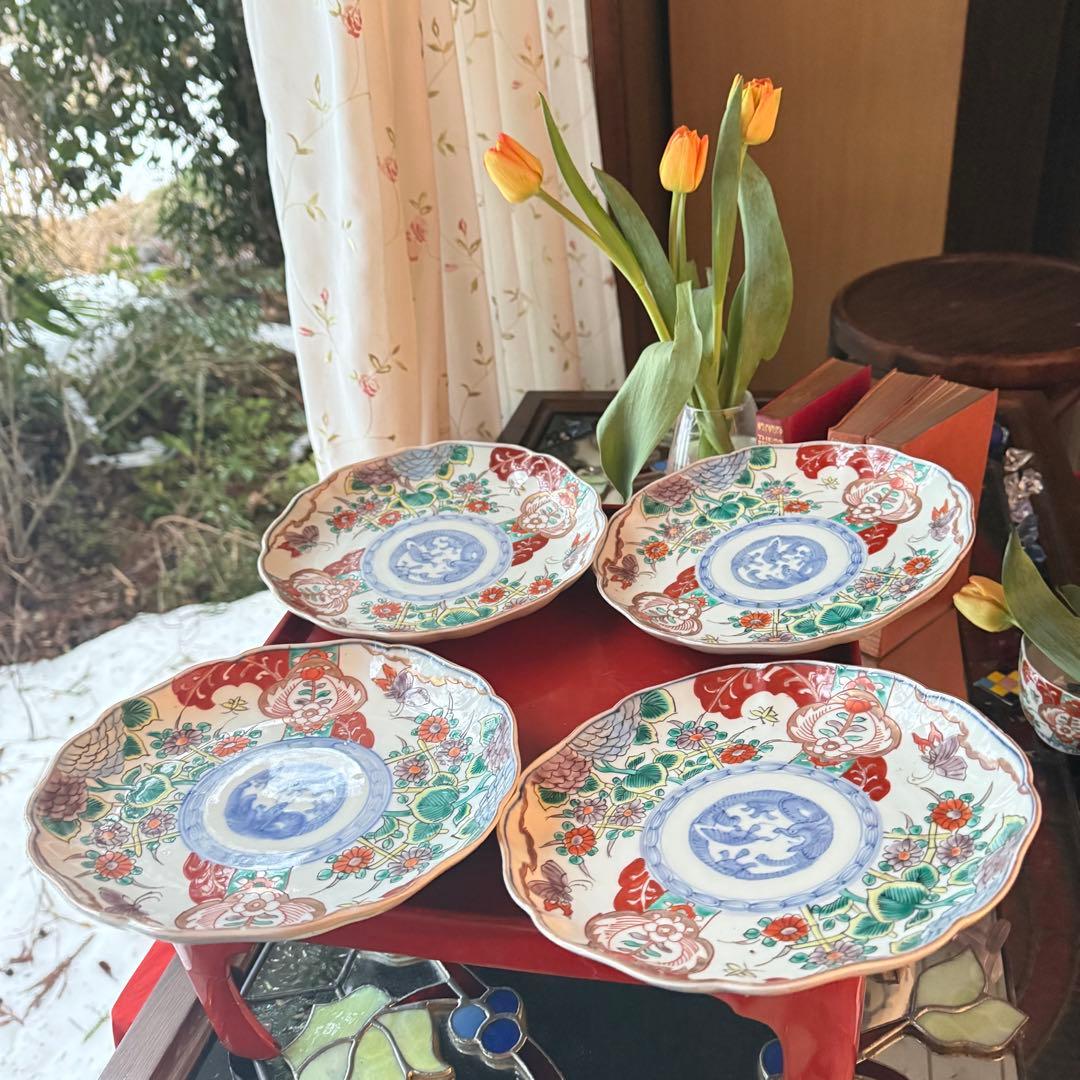 2171様感謝‼️大正頃の伊万里上手錦Dragon❌あじさい桐に蝶蜂7寸皿2客