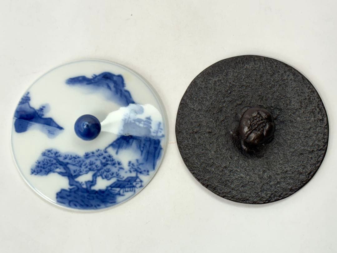 人間国宝 【高橋敬典】 造 四方銚子 替え染付蓋 鉄製 共箱共布栞付 T−487