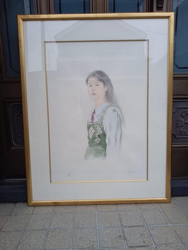 藤井勉作　リトグラフ手彩色　「ともしび」　ED14/33　サイン有　額付