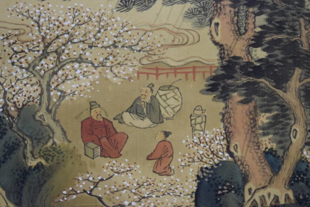 真作/中林竹渓/春景山水人物図/村田香谷の桐極二重箱付/布袋屋掛軸HF-831