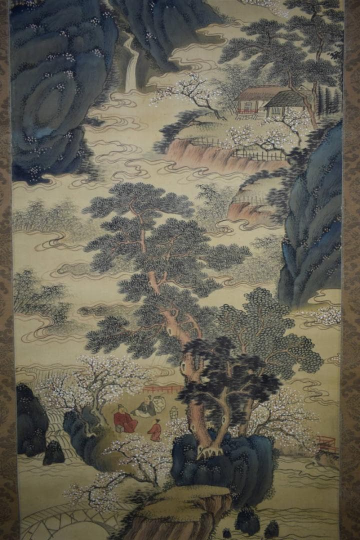 真作/中林竹渓/春景山水人物図/村田香谷の桐極二重箱付/布袋屋掛軸HF-831