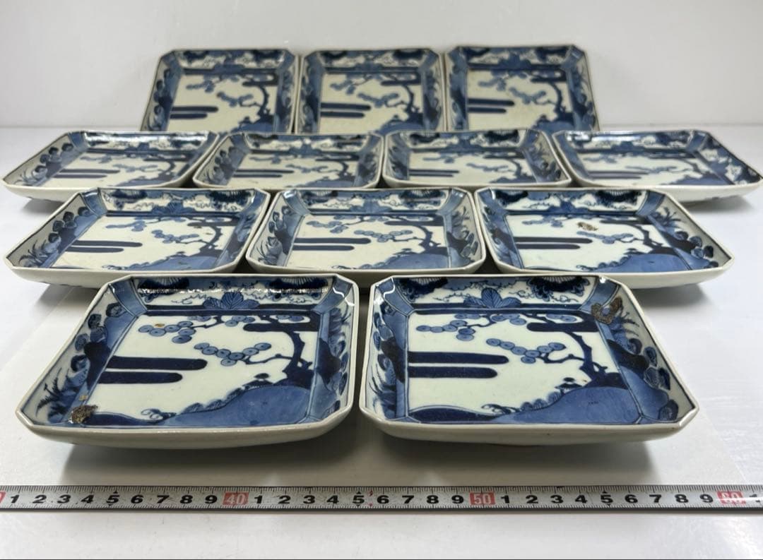 江戸後期　古伊万里　染付角皿12枚　幅約14~14.5㎝　東Y7-0717①