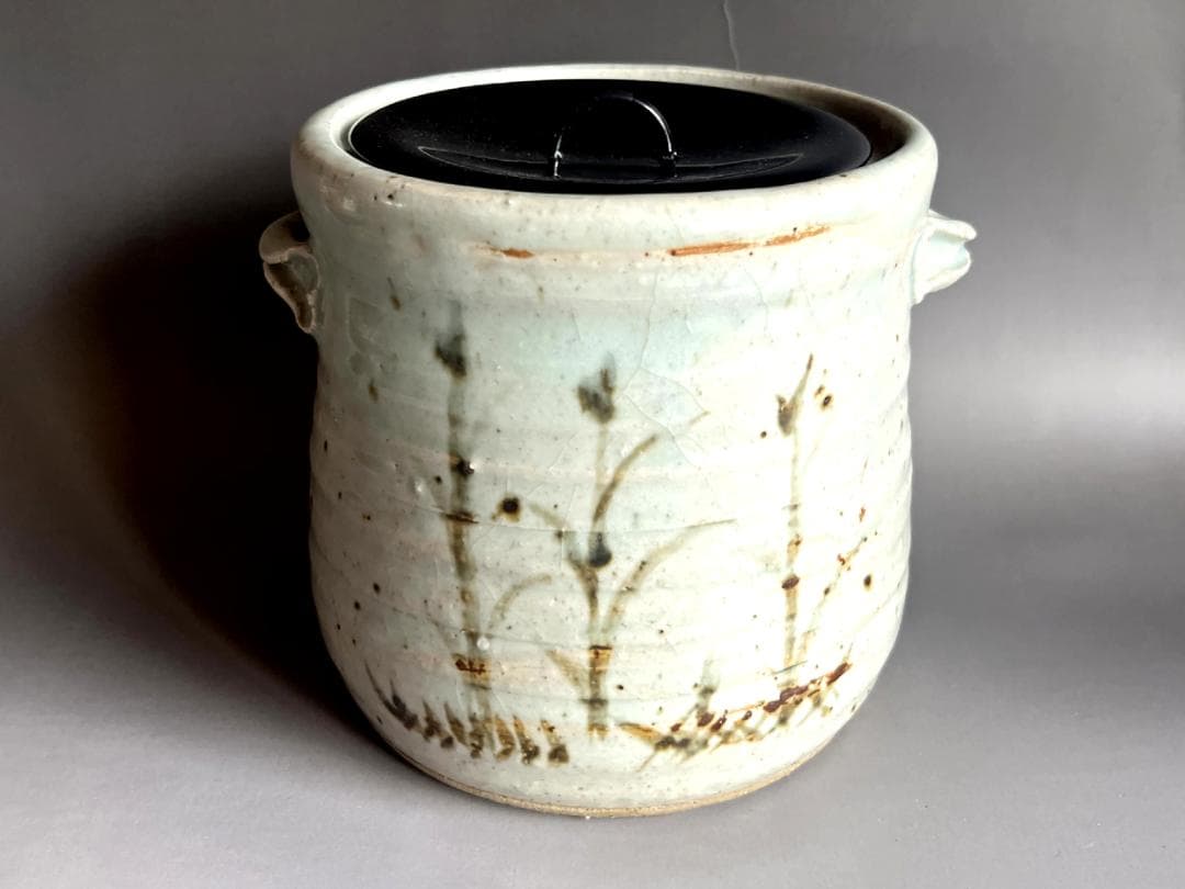 水指■古砥部手 佐恵作 耳付き 高知 秋沢 佐恵作 漆器蓋 時代物 骨董品■