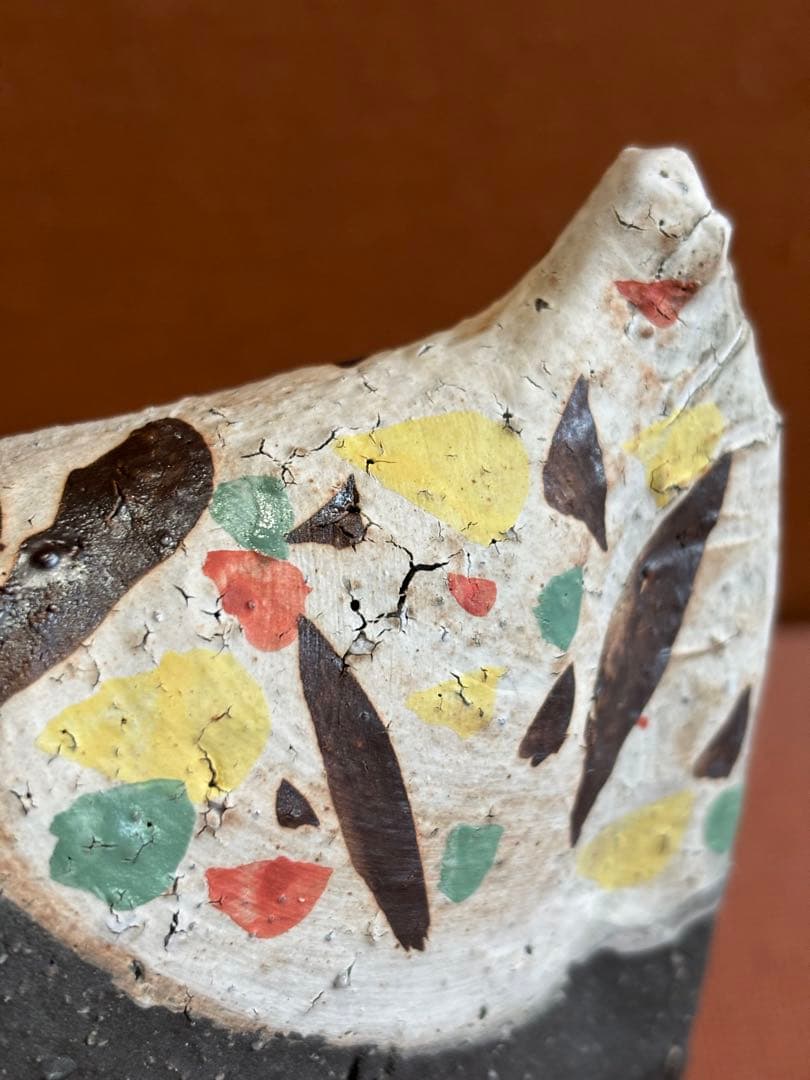 河井寛次郎作色絵草花文鶏形置物　森の一番鶏夜から朝へ　一品物