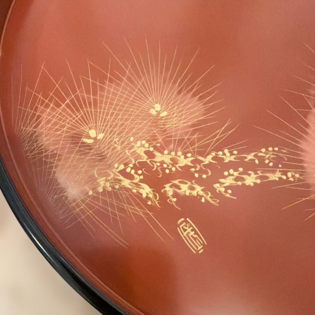 輪島塗 布着本堅地 丸盆蒔絵師 長都 作松蒔絵 金蒔絵伝統工芸士略歴書付き