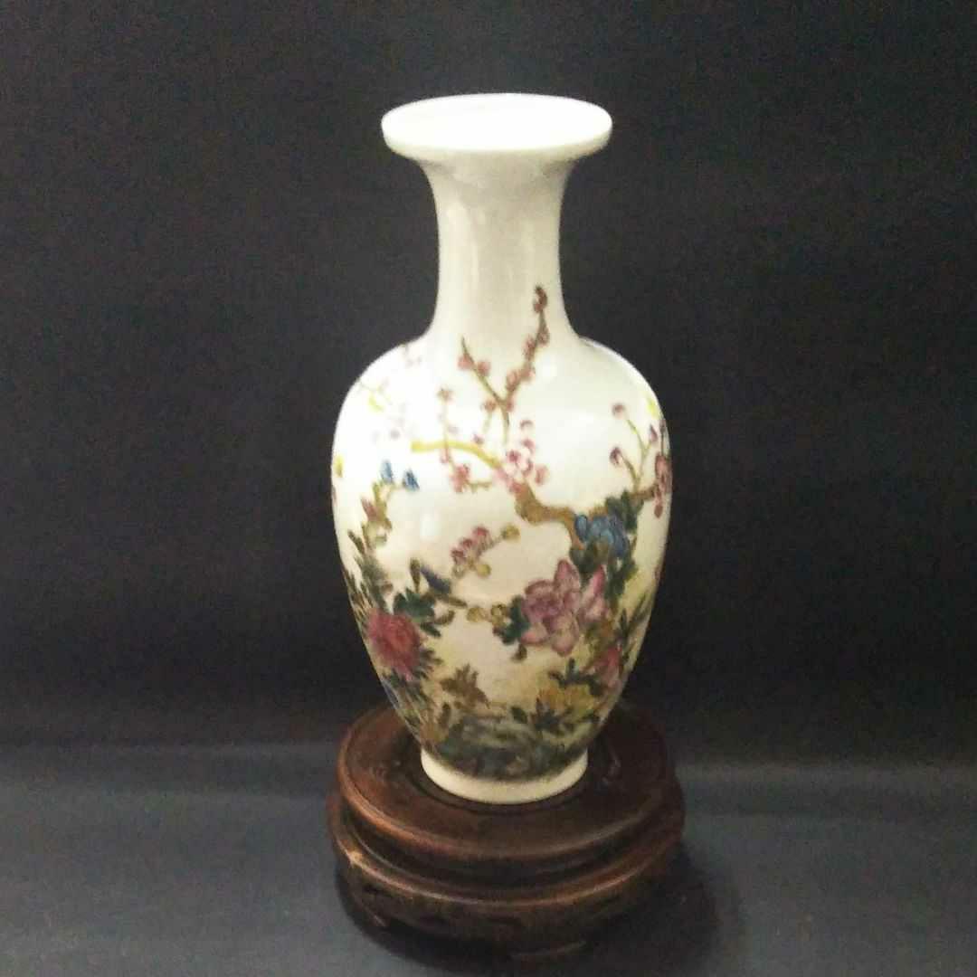 ※中国古美術/粉彩梅花牡丹紋瓶/(擁正年製)