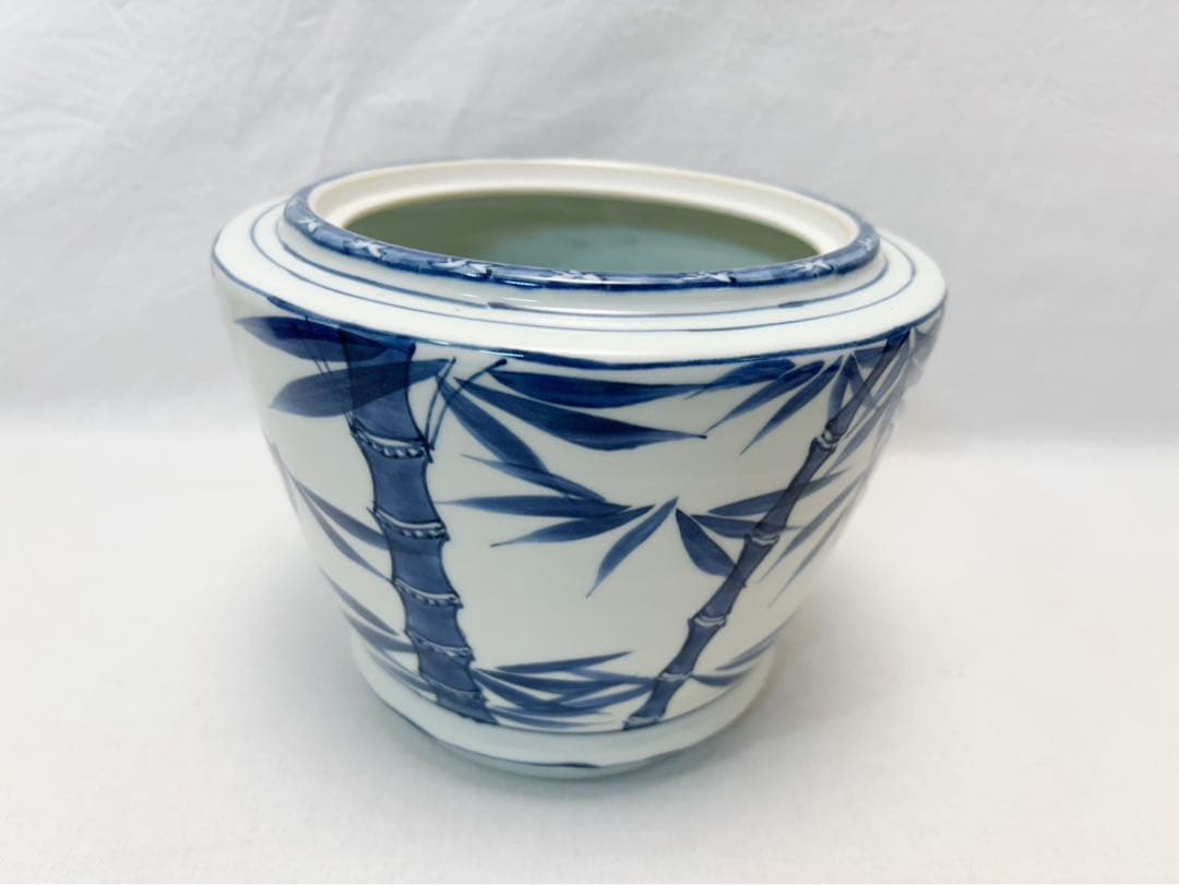 ほぼ未使用 茶道具 手塚大示作 平安 桃山窯 染付竹絵 水指 底印 共箱