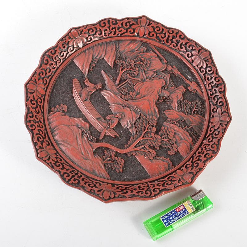 中国　剔紅　堆朱　楼閣山水人物文盤　輪花皿　M　R6804