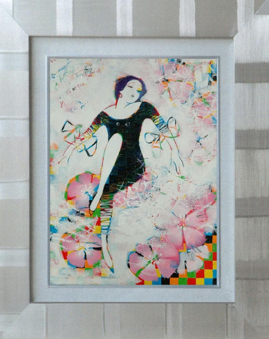 油絵 菅家令子 絵 絵画インテリア額付(青緑＋金色の枠)uF6-010211女性