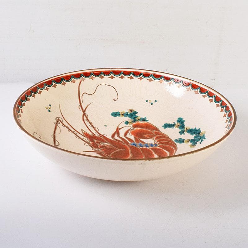 九谷焼　古九谷　色絵　海老文　大皿　飾皿　直径約36㎝　時代箱付　VR8143C
