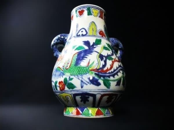 大清乾隆年製 色絵磁器 五彩 双耳 鳳凰文 唐草文 壺 中国古玩 中国古美術