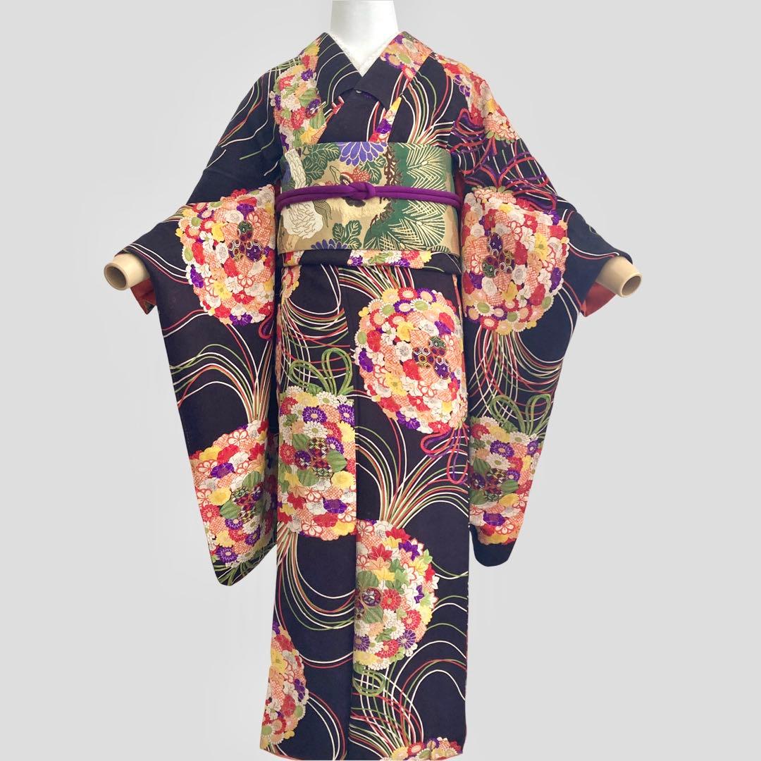 黒紫色 アンティーク 花薬玉 ジュニア 十三詣り アンティーク着物 NO560