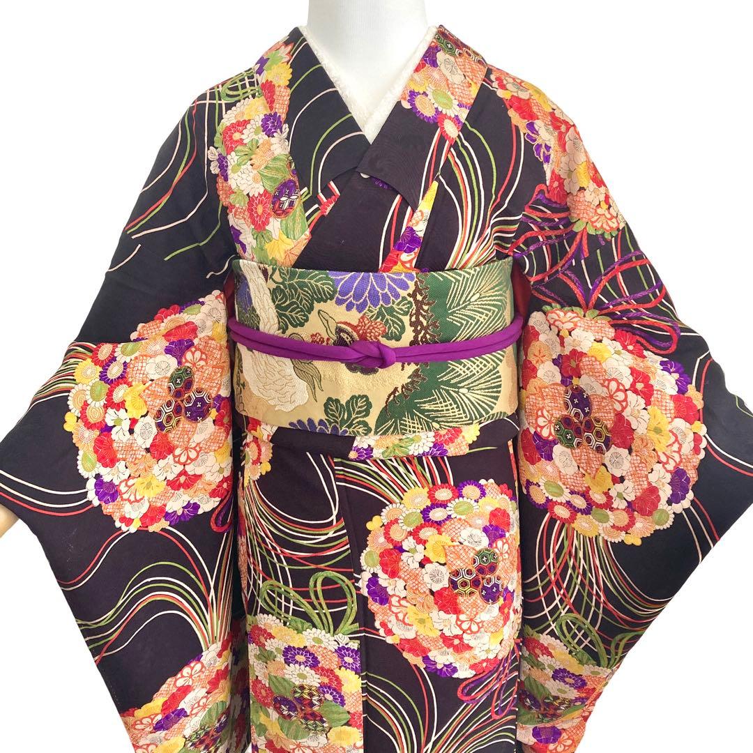 黒紫色 アンティーク 花薬玉 ジュニア 十三詣り アンティーク着物 NO560