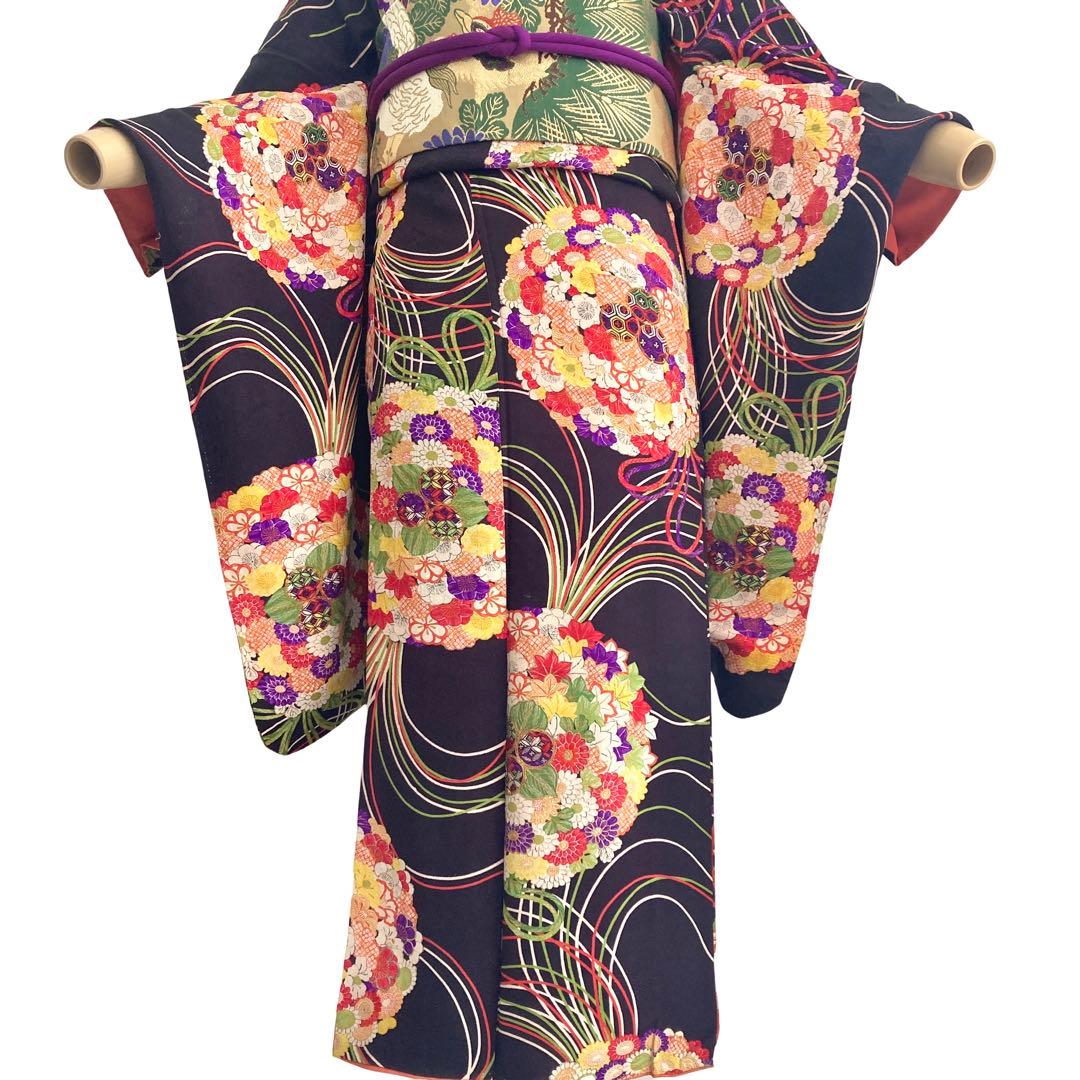 黒紫色 アンティーク 花薬玉 ジュニア 十三詣り アンティーク着物 NO560