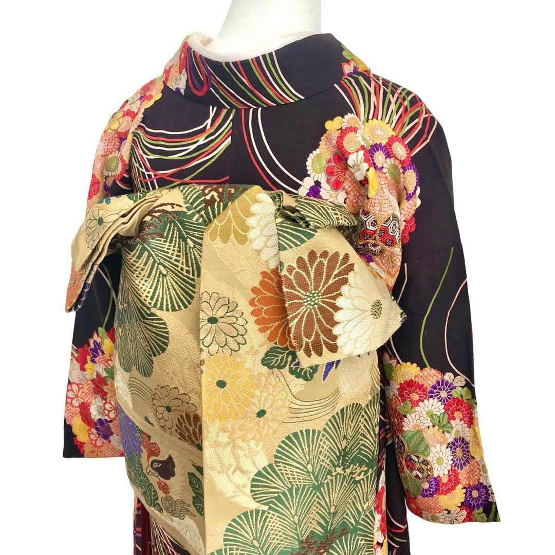 黒紫色 アンティーク 花薬玉 ジュニア 十三詣り アンティーク着物 NO560