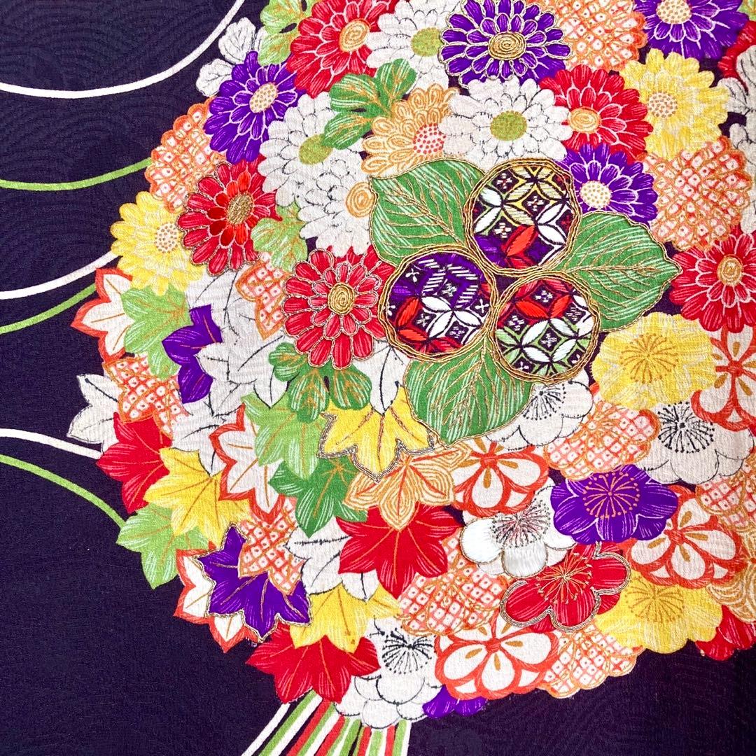 黒紫色 アンティーク 花薬玉 ジュニア 十三詣り アンティーク着物 NO560