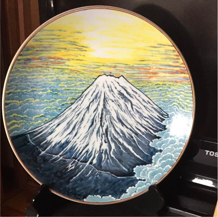 雲海 富士山絵皿 直径30㎝  元有田焼「源右衛門」染付師  啓明作