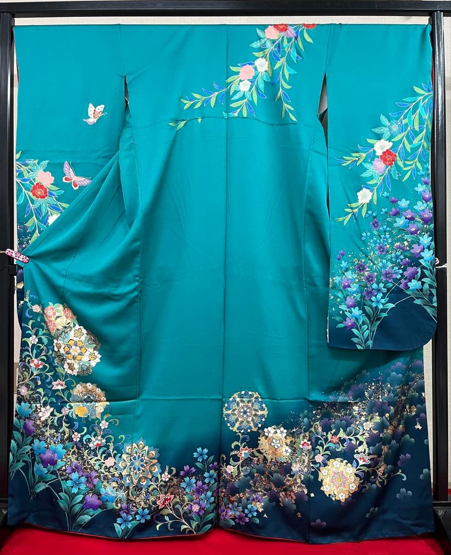 中古　※B品　振袖　仕立て上がり　グリーン　緑　色ヤケあり　B14