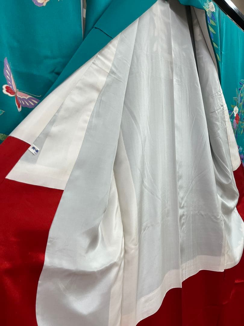 中古　※B品　振袖　仕立て上がり　グリーン　緑　色ヤケあり　B14