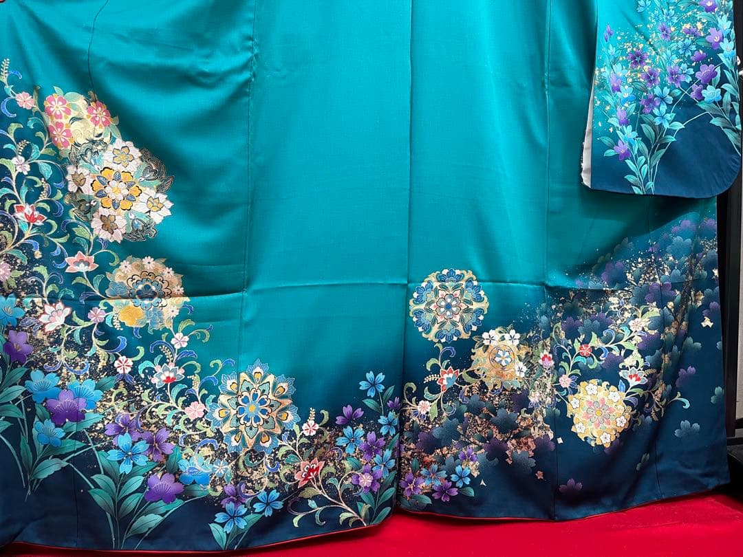 中古　※B品　振袖　仕立て上がり　グリーン　緑　色ヤケあり　B14