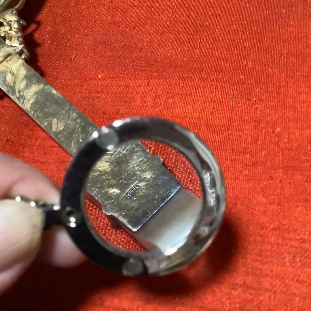 中国工芸品　翡翠彫刻の装飾手鏡(シルバー刻印)