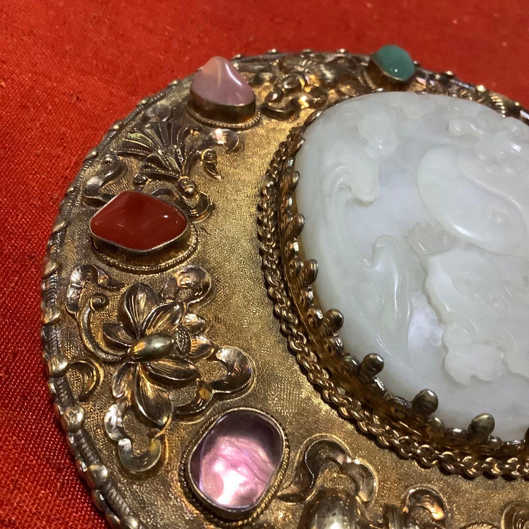 中国工芸品　翡翠彫刻の装飾手鏡(シルバー刻印)