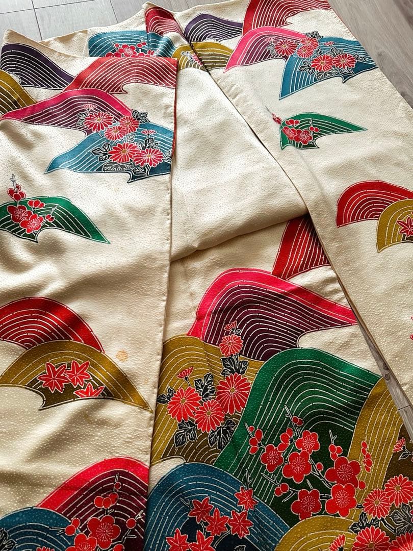 【未使用級】鹿の子地紋 振袖 扇面吉祥花文様 暈し八掛 成人式 卒業式