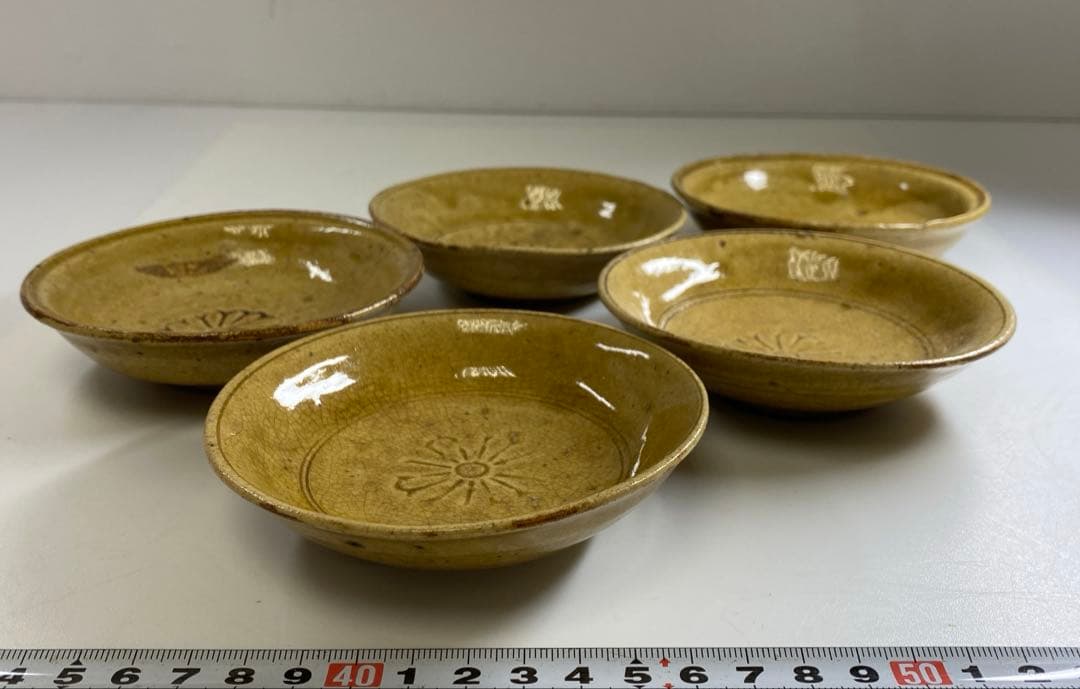 江戸時代　黄瀬戸小皿5枚　木箱付　直径11㎝　東Y7-0328☆2Fタニト