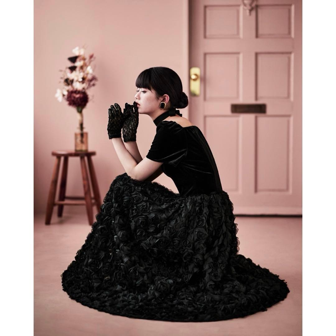 Etoll ベロアロゼットフレアドレス　ブラック