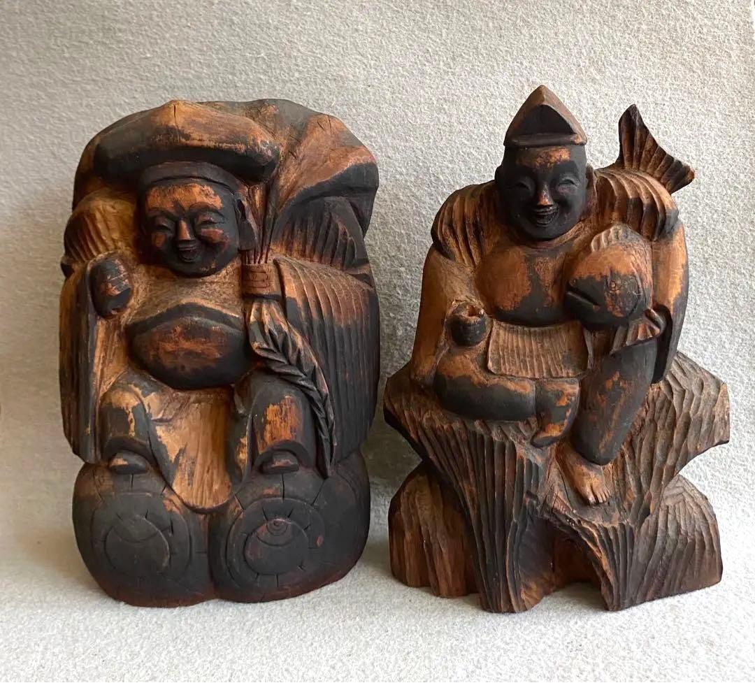 【レトロ】木彫り／恵比寿・大黒天の置物