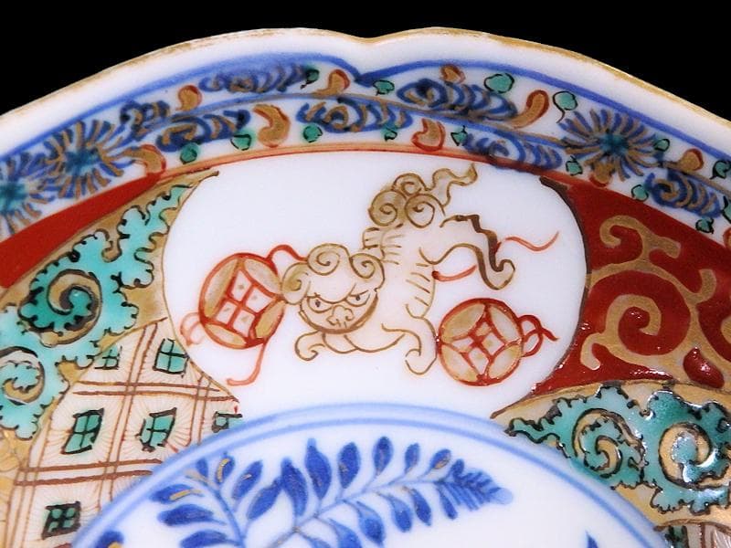 古伊万里　金襴手　玉乗り獅子に鳥の図　３寸半皿　５枚　066AS-CIf