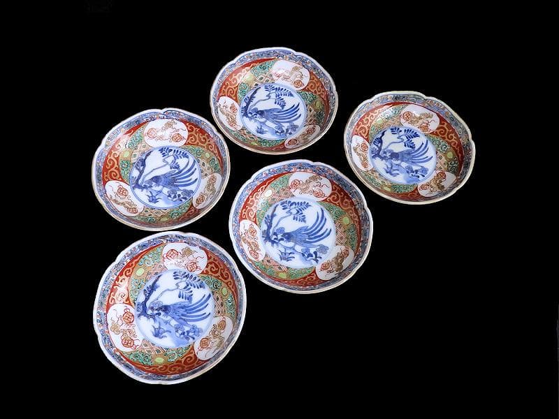 古伊万里　金襴手　玉乗り獅子に鳥の図　３寸半皿　５枚　066AS-CIf