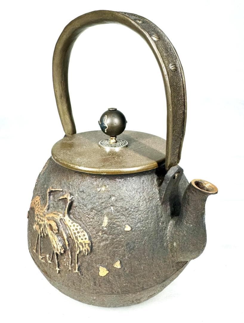 鶴鉄瓶 急須 唐銅蓋 銅摘 茶壺 湯沸 稀少 歴史 煎茶道具 骨董WWST070